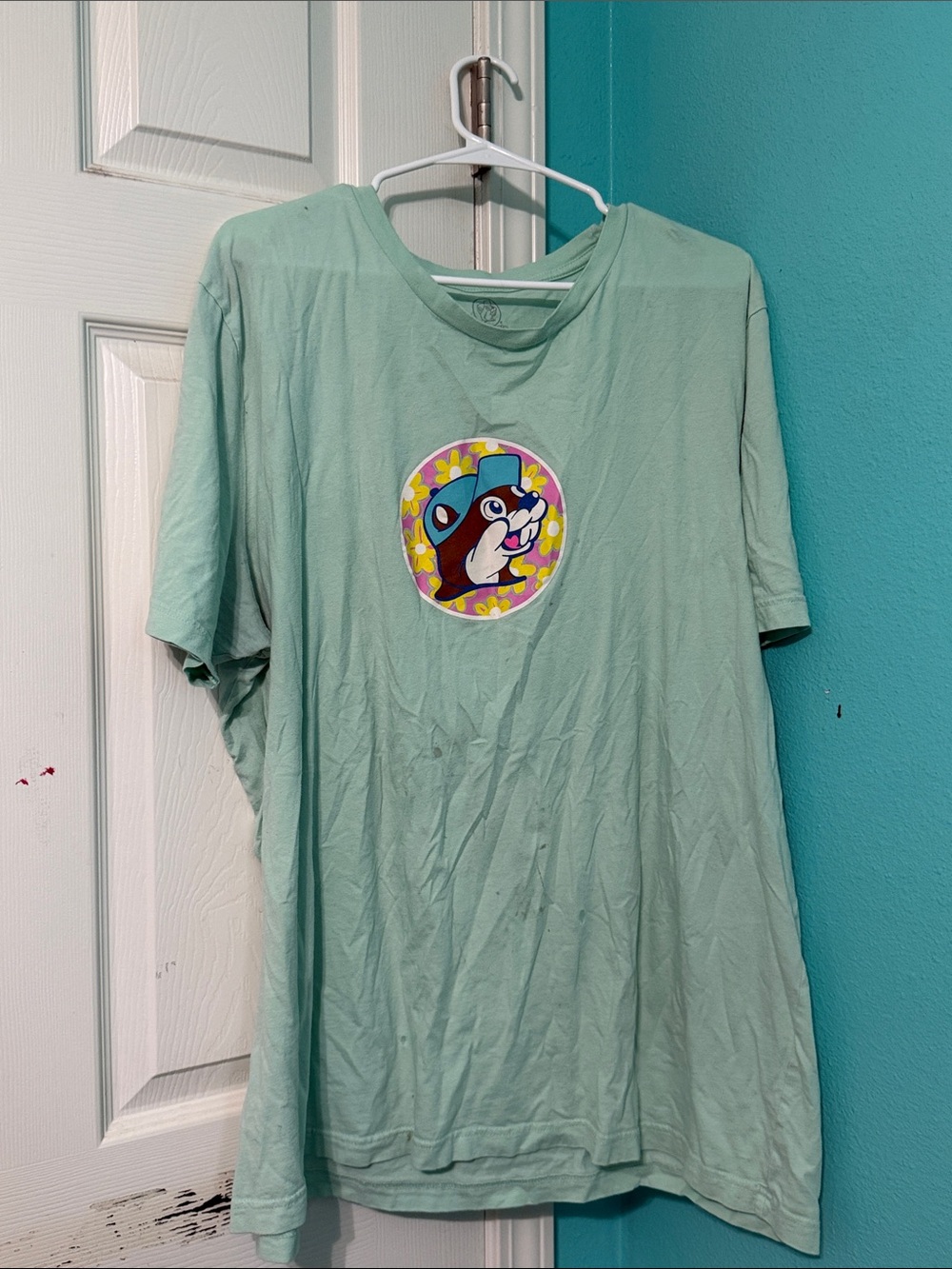 Buc-ees Mint Green Graphic Tee with Colorful Cartoon Patch